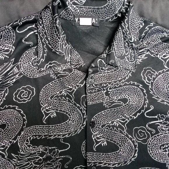Vintage Y.M.L.A. Oriental Dragons Chinese Japanese Polyester Button Shirt - Picture 1 of 6